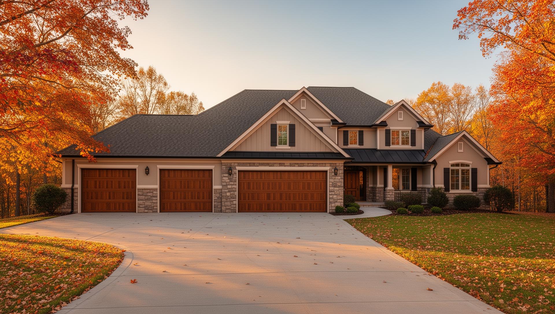 Premium insulated steel garage doors with wood overlay on beautiful ranch home in autumn